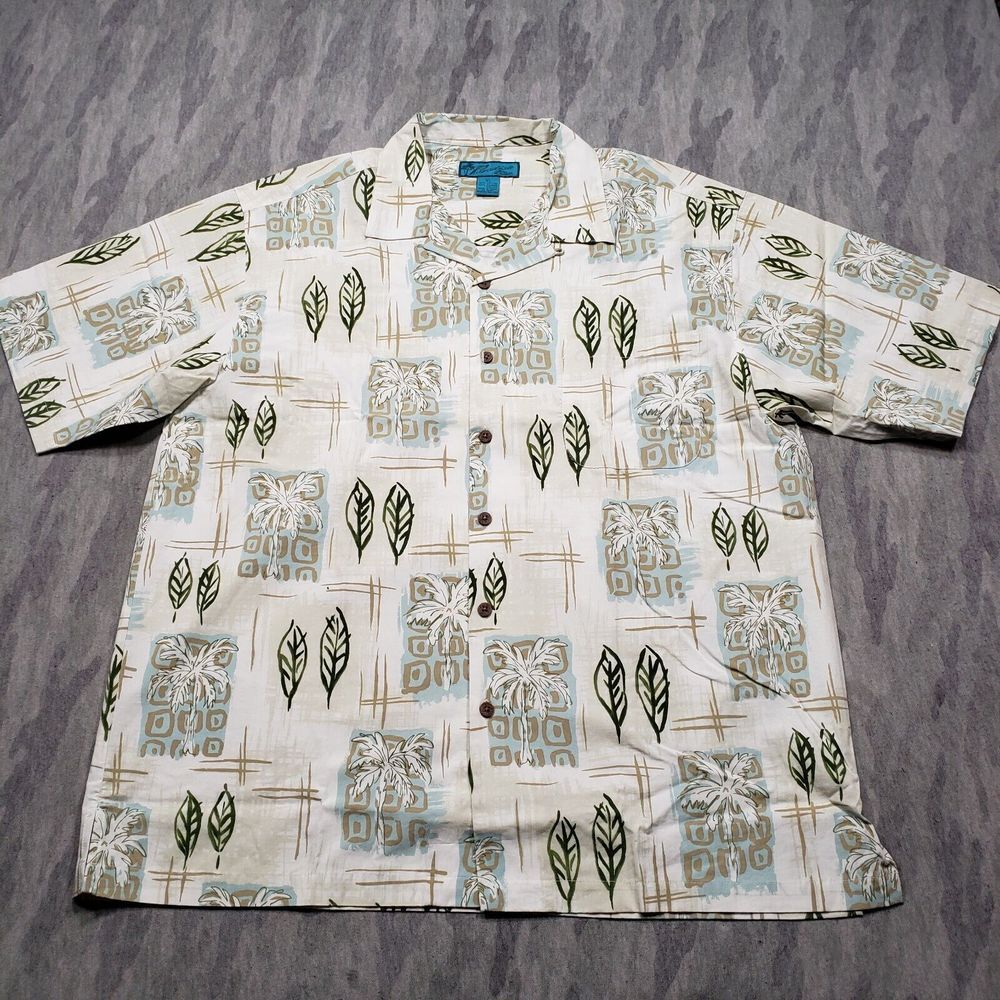 Paradise Blue Hawaiian Shirt Mens XL Green‎ Palm Tree Print Short Sleeve
